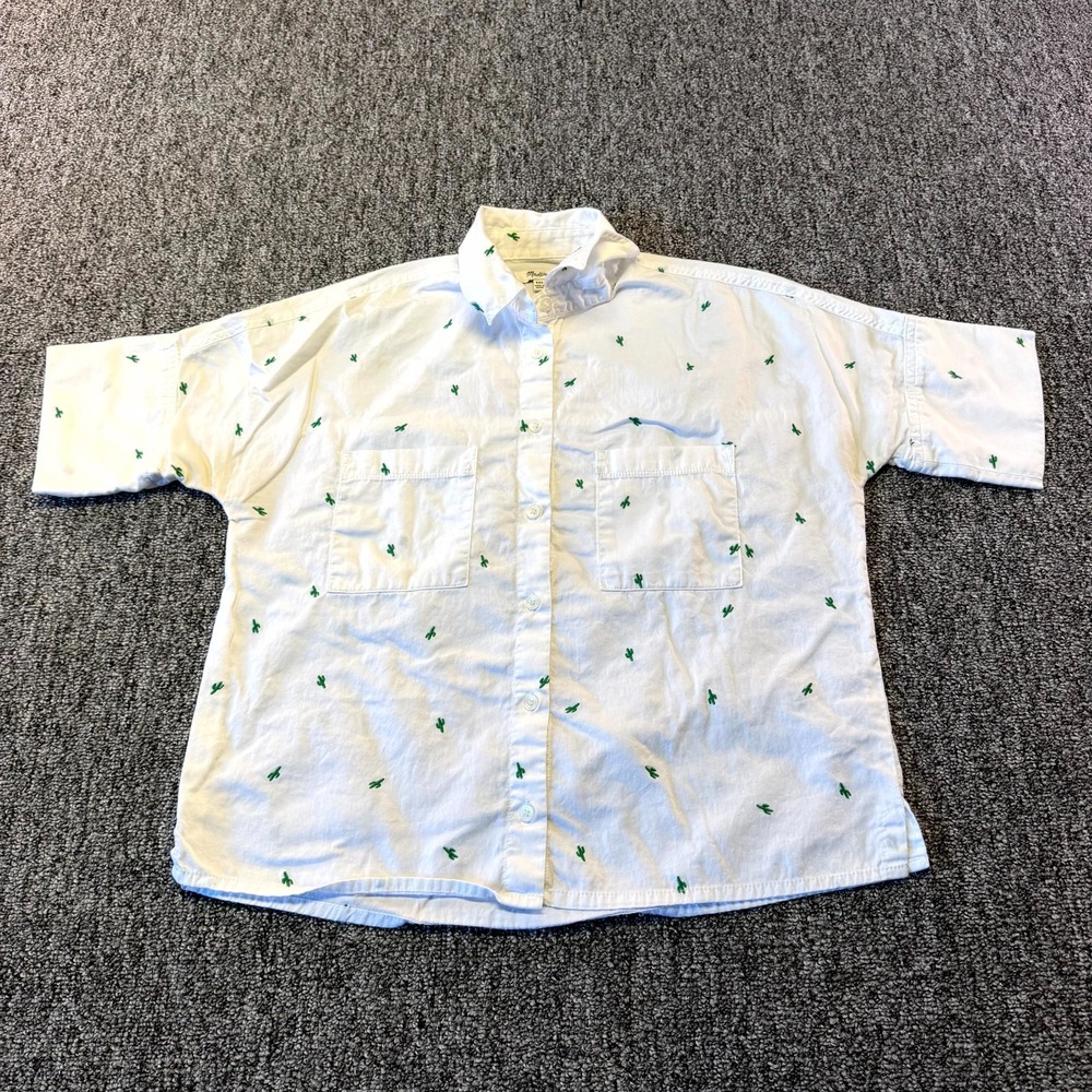 Madewell Courier Shirt Womens 2XS White Embroidered Cactus Slightly Boxy Button